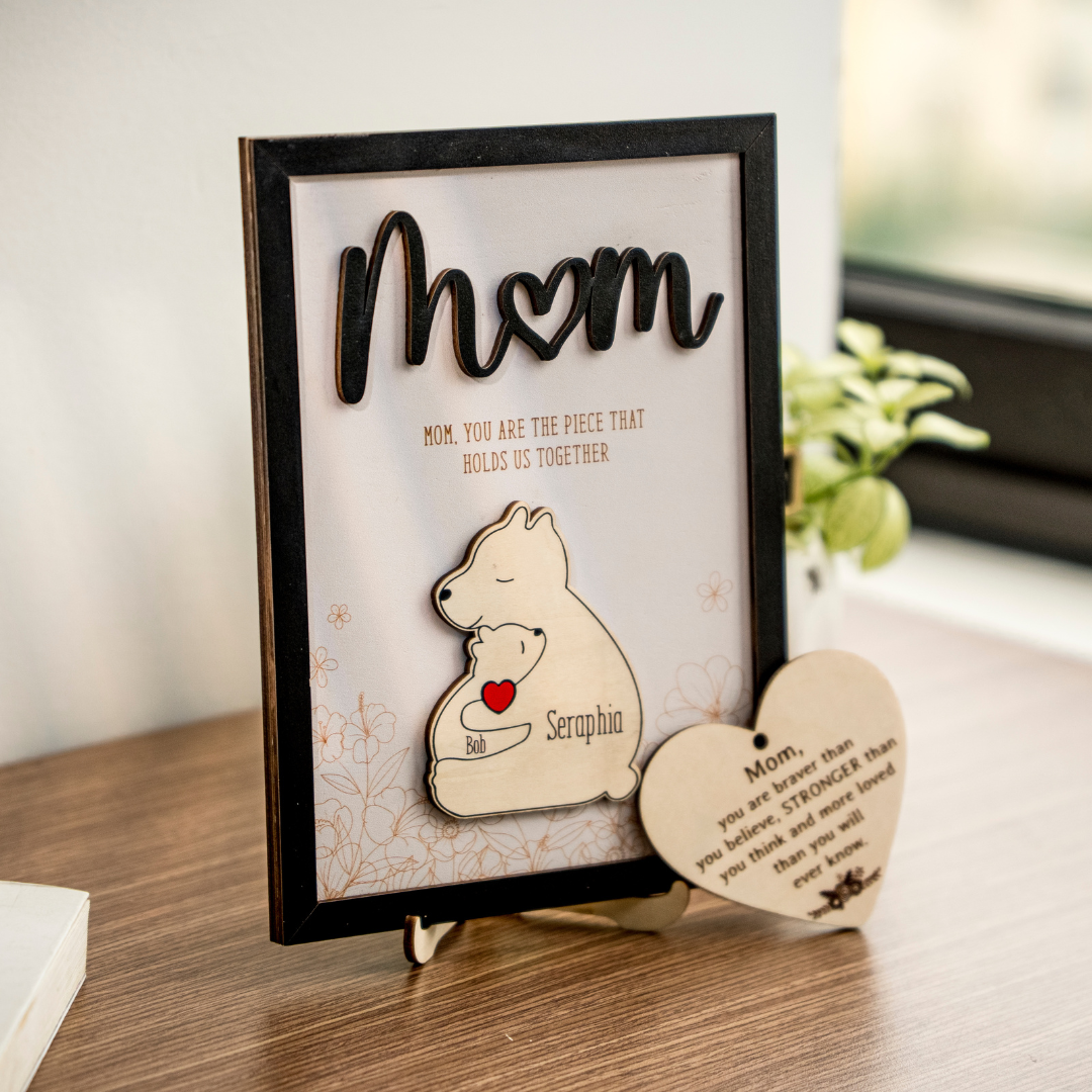 Leauni Personalized Bear Family Animal Puzzle Name Photo Frame - Warm Mother's Day Gift Leauni