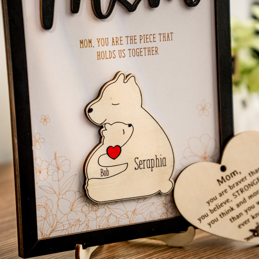 Leauni Personalized Bear Family Animal Puzzle Name Photo Frame - Warm Mother's Day Gift Leauni