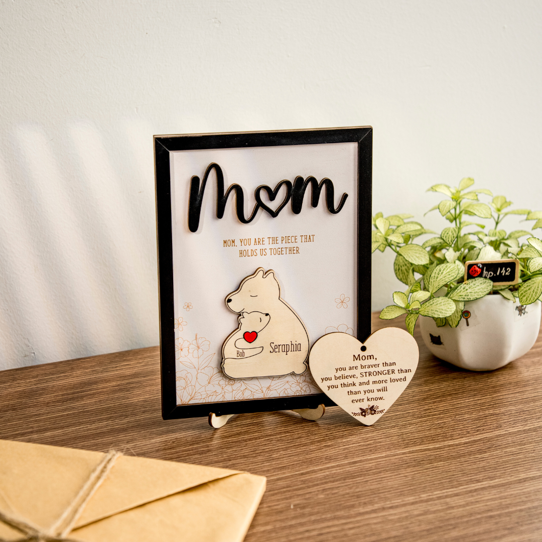 Leauni Personalized Bear Family Animal Puzzle Name Photo Frame - Warm Mother's Day Gift Leauni