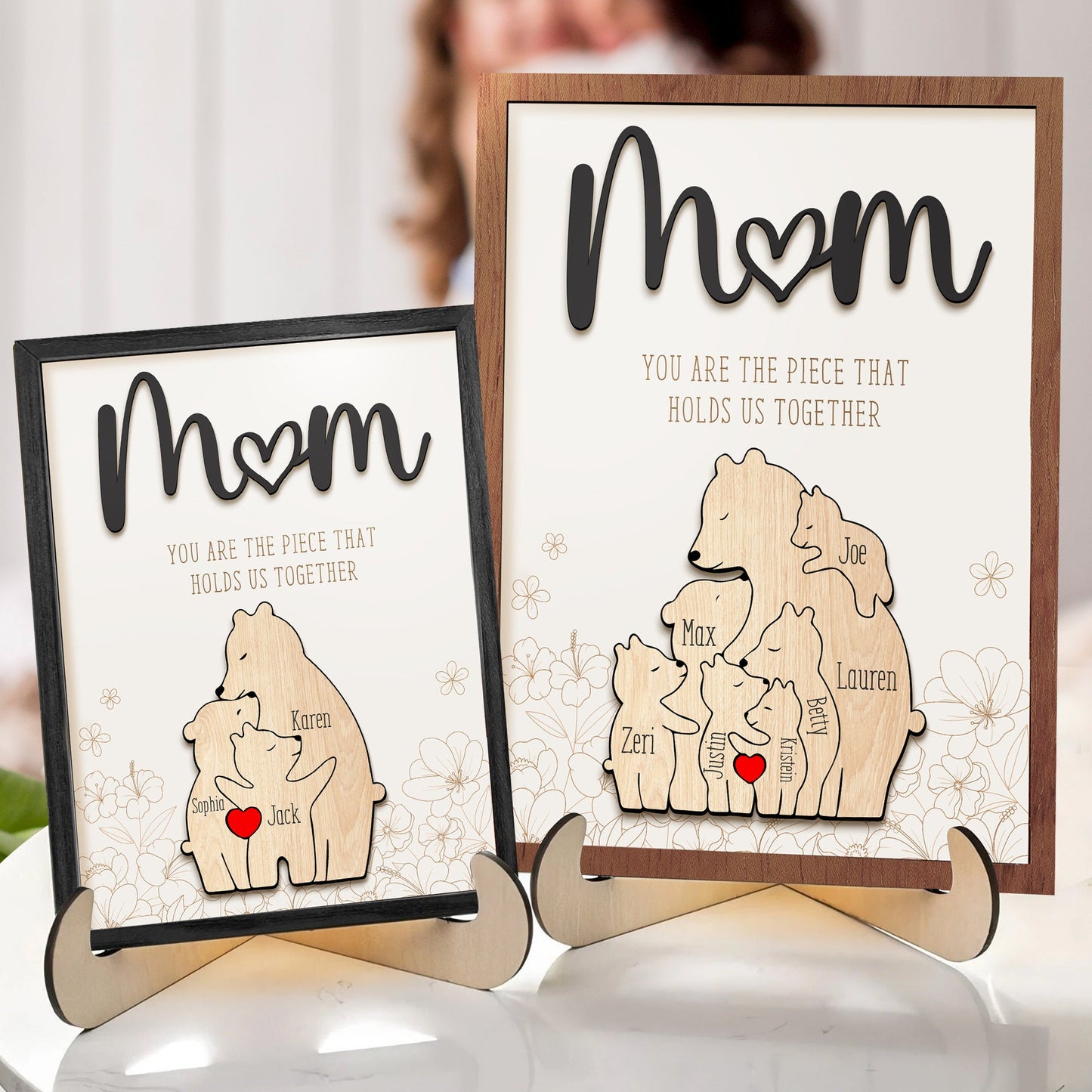Leauni Personalized Bear Family Animal Puzzle Name Photo Frame - Warm Mother's Day Gift Leauni