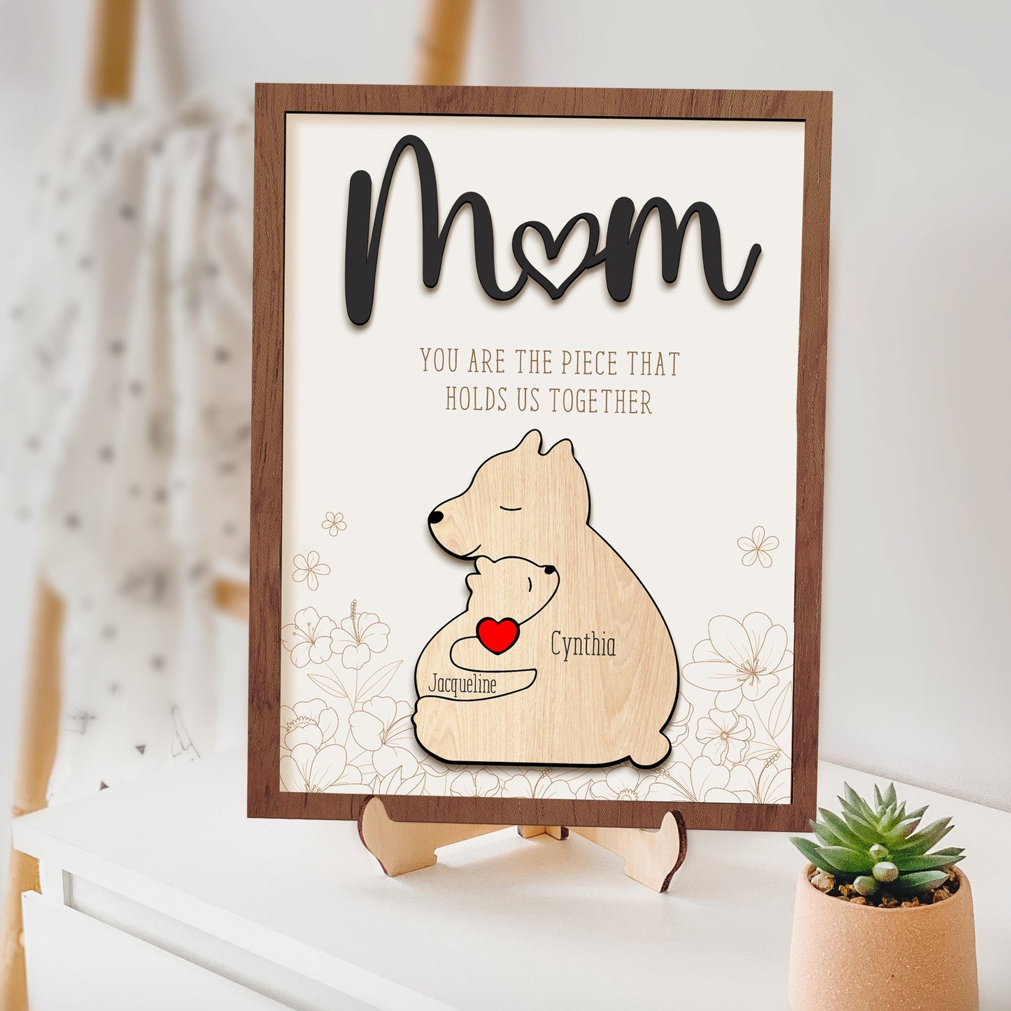 Leauni Personalized Bear Family Animal Puzzle Name Photo Frame - Warm Mother's Day Gift Leauni