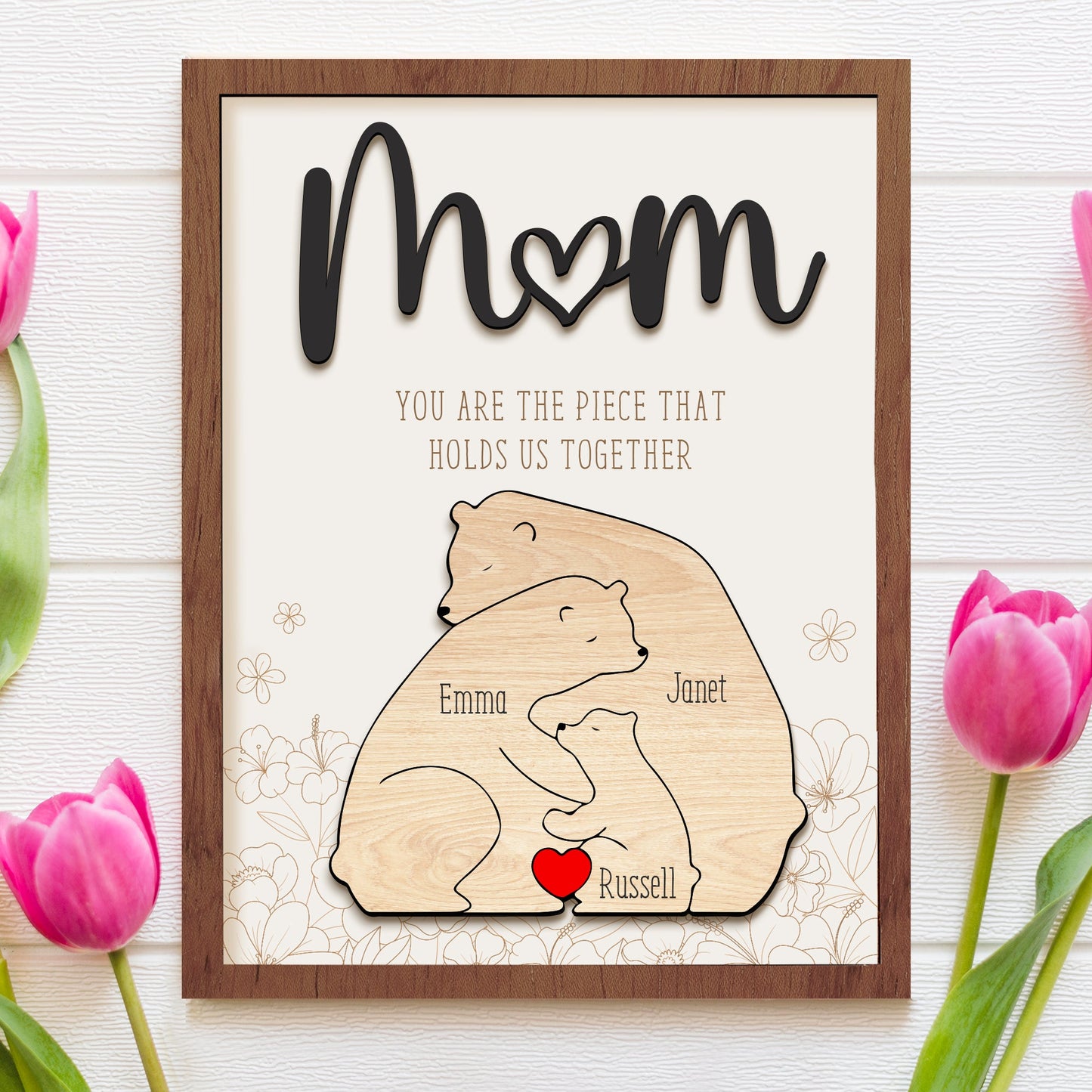 Leauni Personalized Bear Family Animal Puzzle Name Photo Frame - Warm Mother's Day Gift Leauni