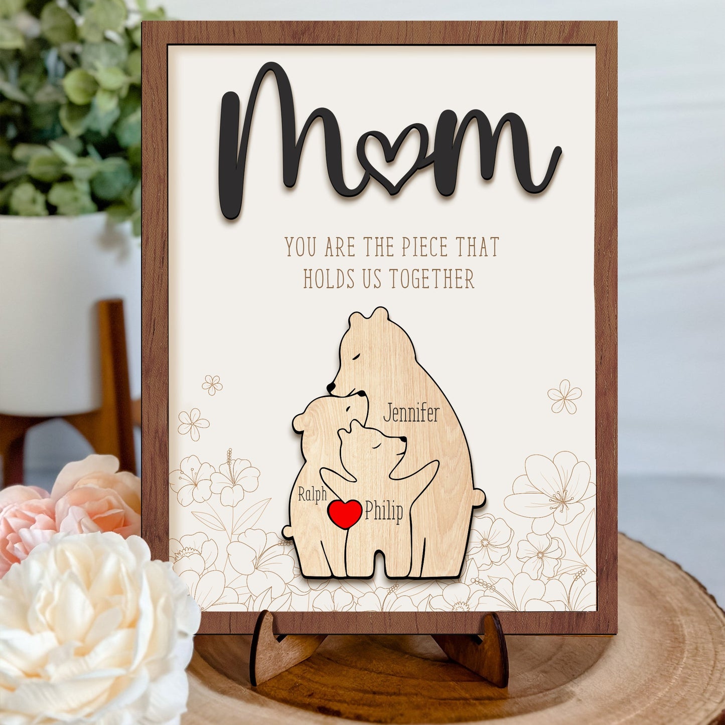 Leauni Personalized Bear Family Animal Puzzle Name Photo Frame - Warm Mother's Day Gift Leauni