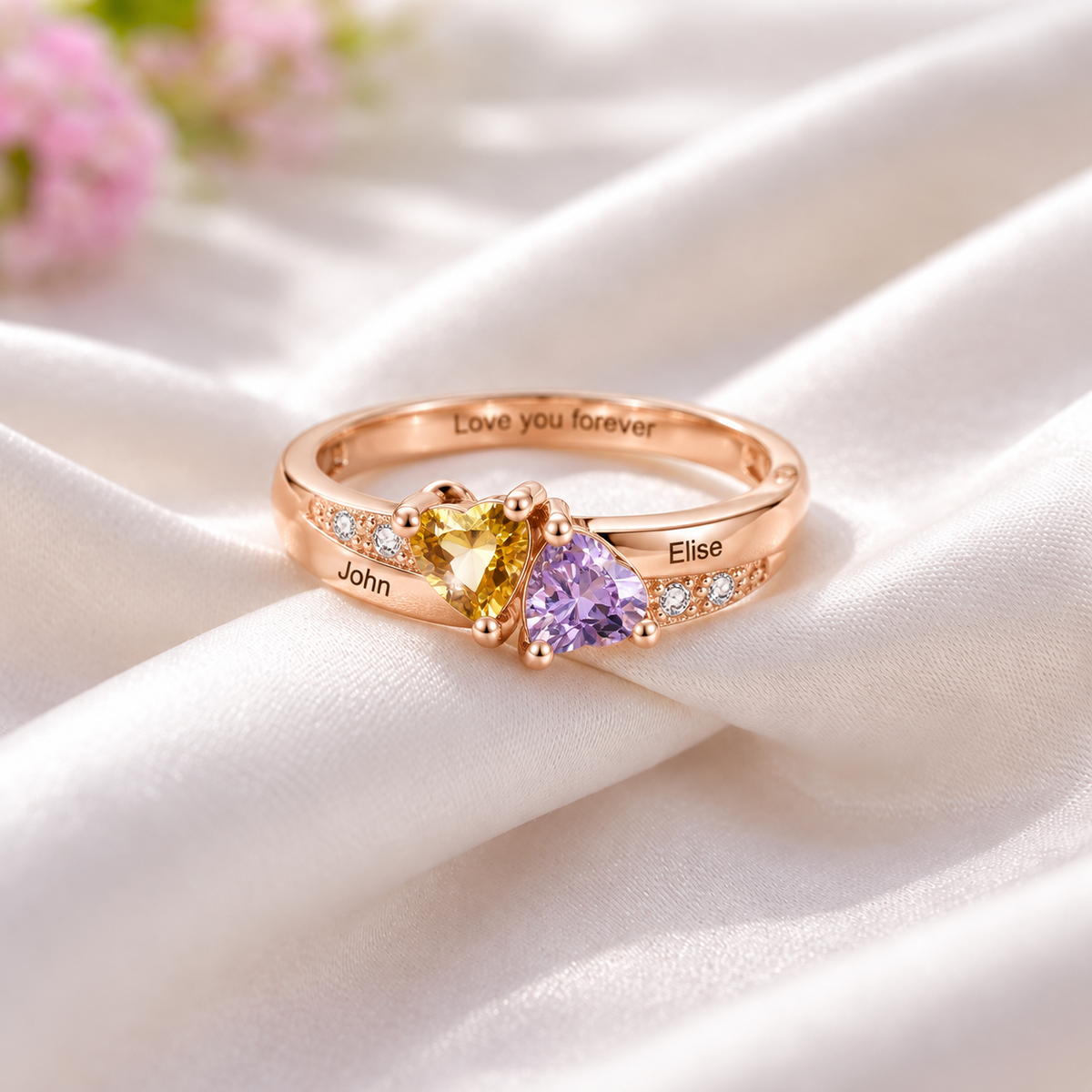 Personalized Name Ring with Double Heart Birthstone and Heartfelt Message