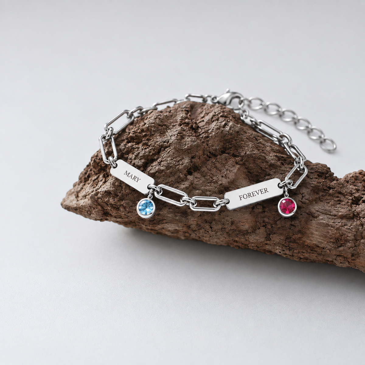 Custom Name Bar Bracelet Dainty Paperclip Chain with Birthstone