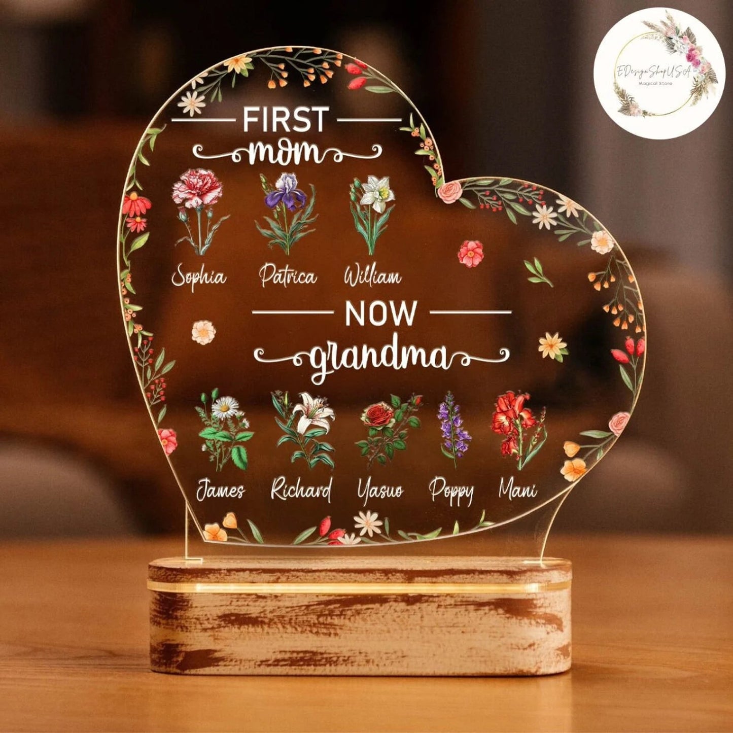 Leauni Personalized Mom Flowers Plaque - Best Mother's Day Gift Ever! Leauni