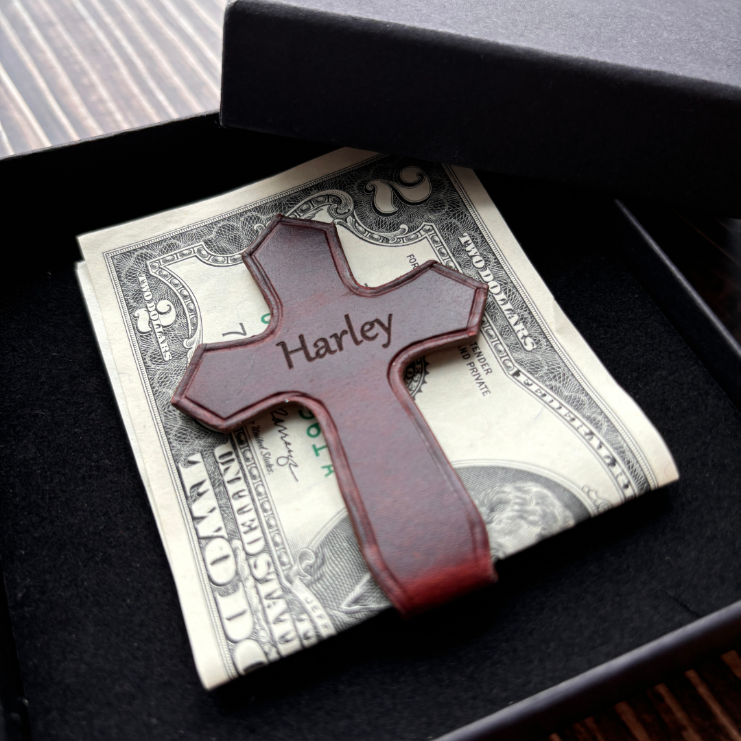 Leauni Cross Bookmark/Money Clip Grain Leather Personalized Engraved Leauni