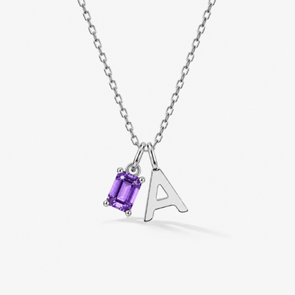 Personalized Initials Letter Necklace with Square-cut Birthstone