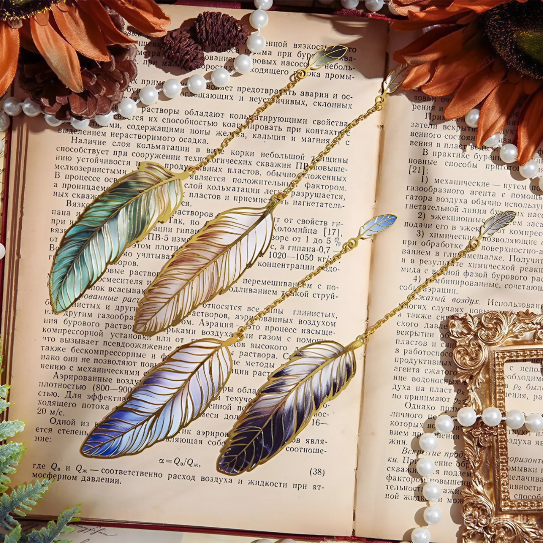 Leauni Vintage Feather Bronzing Metal Bookmark With Metal Chain Pendant Leauni