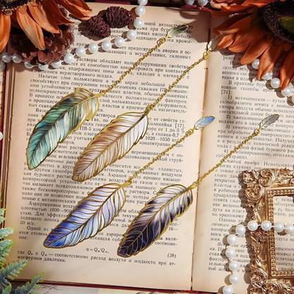 Leauni Vintage Feather Bronzing Metal Bookmark With Metal Chain Pendant Leauni