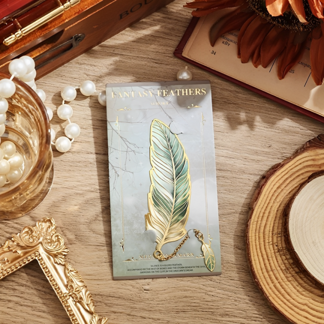 Leauni Vintage Feather Bronzing Metal Bookmark With Metal Chain Pendant Leauni