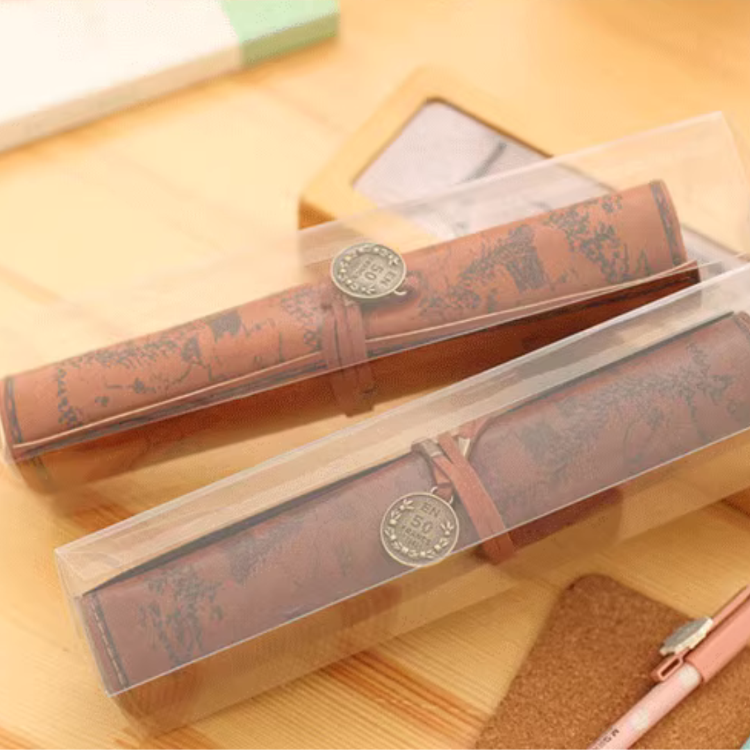 Leauni Treasure Map Roll-Up Pencil Pouch – Vintage-Style Pen and Pencil Holder Leauni