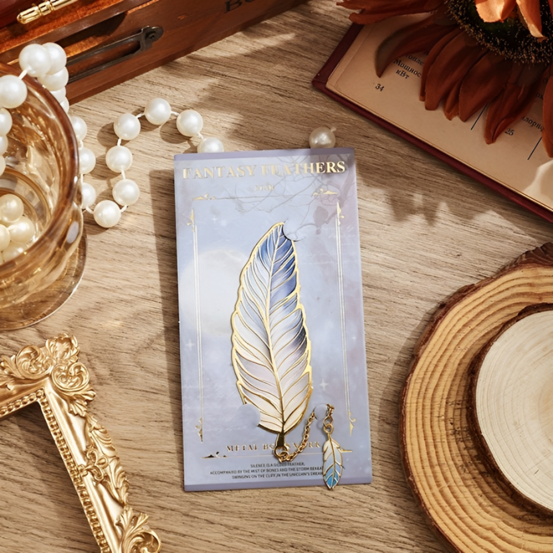 Leauni Vintage Feather Bronzing Metal Bookmark With Metal Chain Pendant Leauni