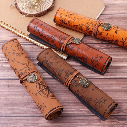 Leauni Treasure Map Roll-Up Pencil Pouch – Vintage-Style Pen and Pencil Holder Leauni