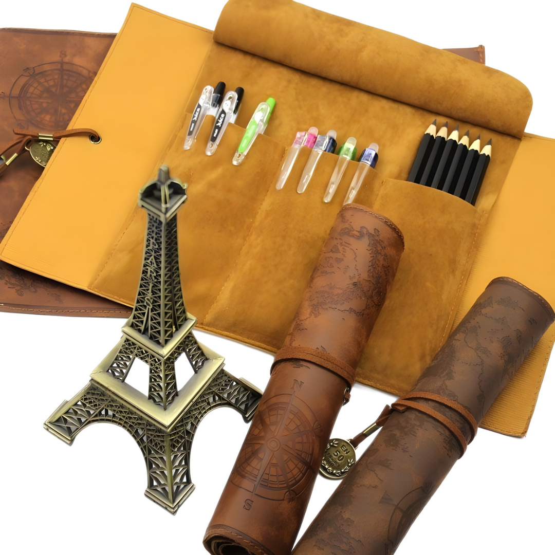 Leauni Treasure Map Roll-Up Pencil Pouch – Vintage-Style Pen and Pencil Holder Leauni