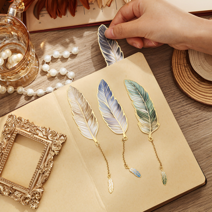 Leauni Vintage Feather Bronzing Metal Bookmark With Metal Chain Pendant Leauni