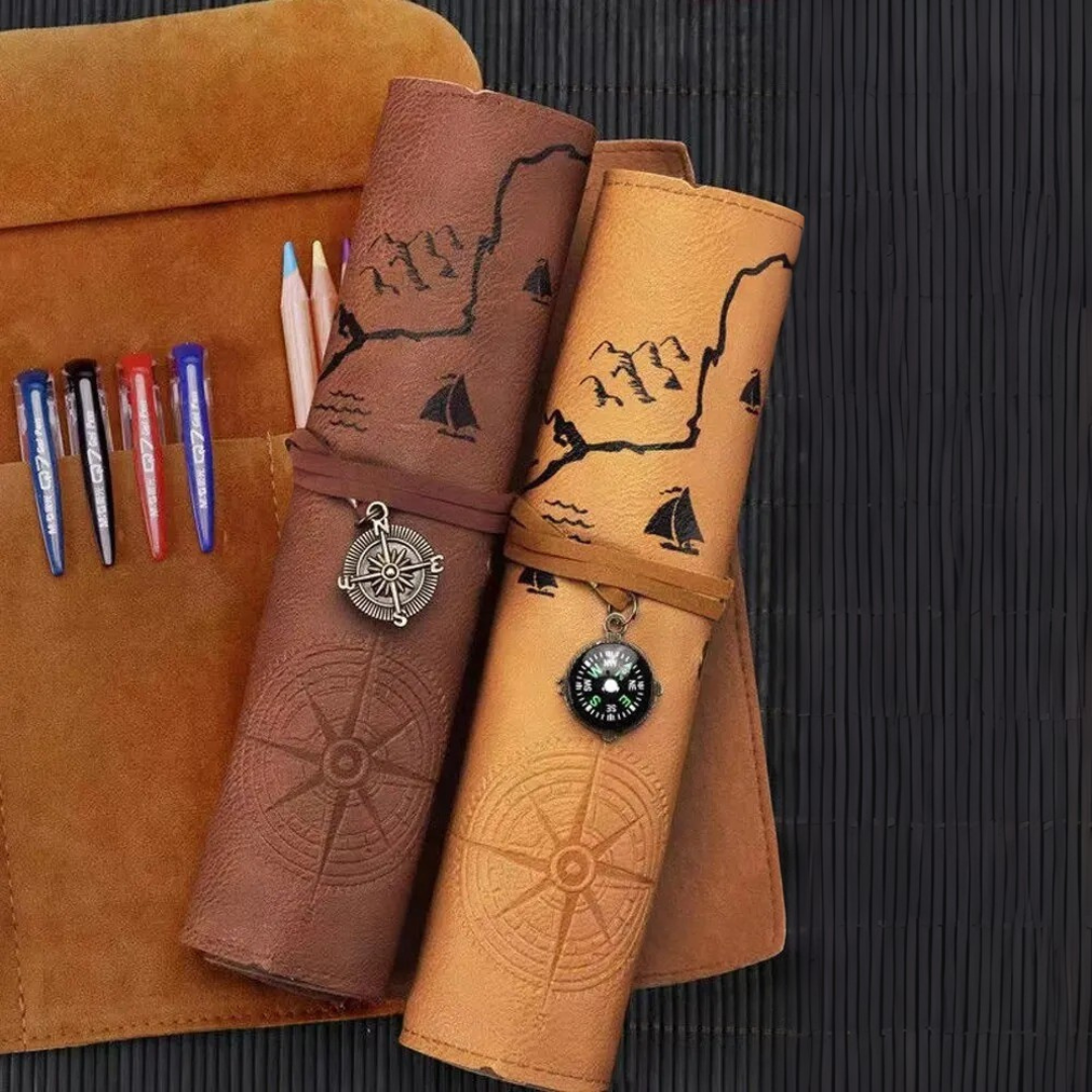 Leauni Treasure Map Roll-Up Pencil Pouch – Vintage-Style Pen and Pencil Holder Leauni