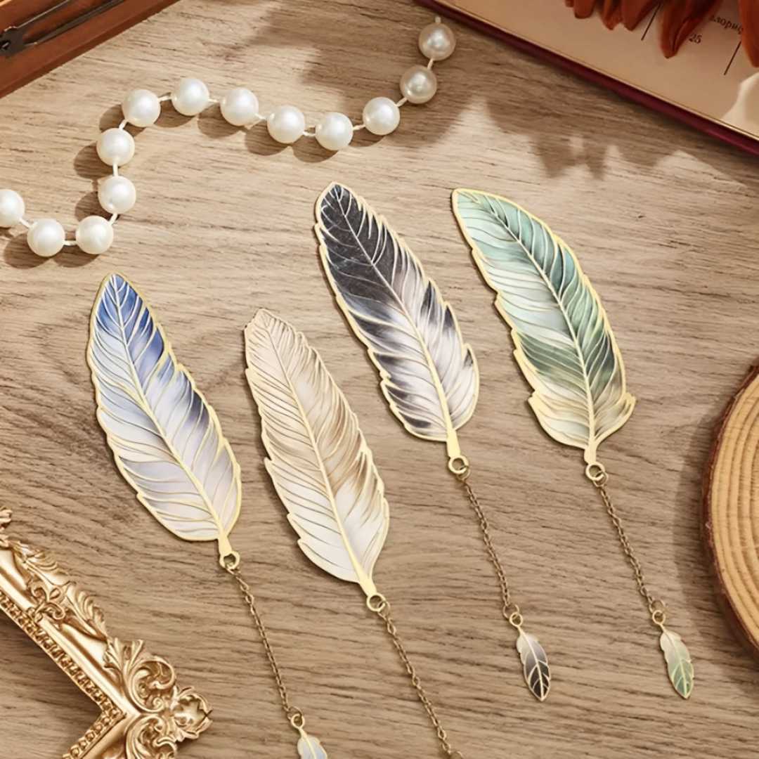 Leauni Vintage Feather Bronzing Metal Bookmark With Metal Chain Pendant Leauni
