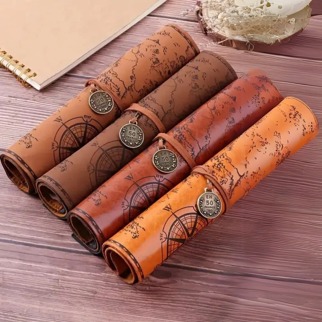 Leauni Treasure Map Roll-Up Pencil Pouch – Vintage-Style Pen and Pencil Holder Leauni