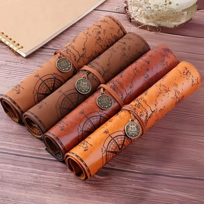 Leauni Treasure Map Roll-Up Pencil Pouch – Vintage-Style Pen and Pencil Holder Leauni