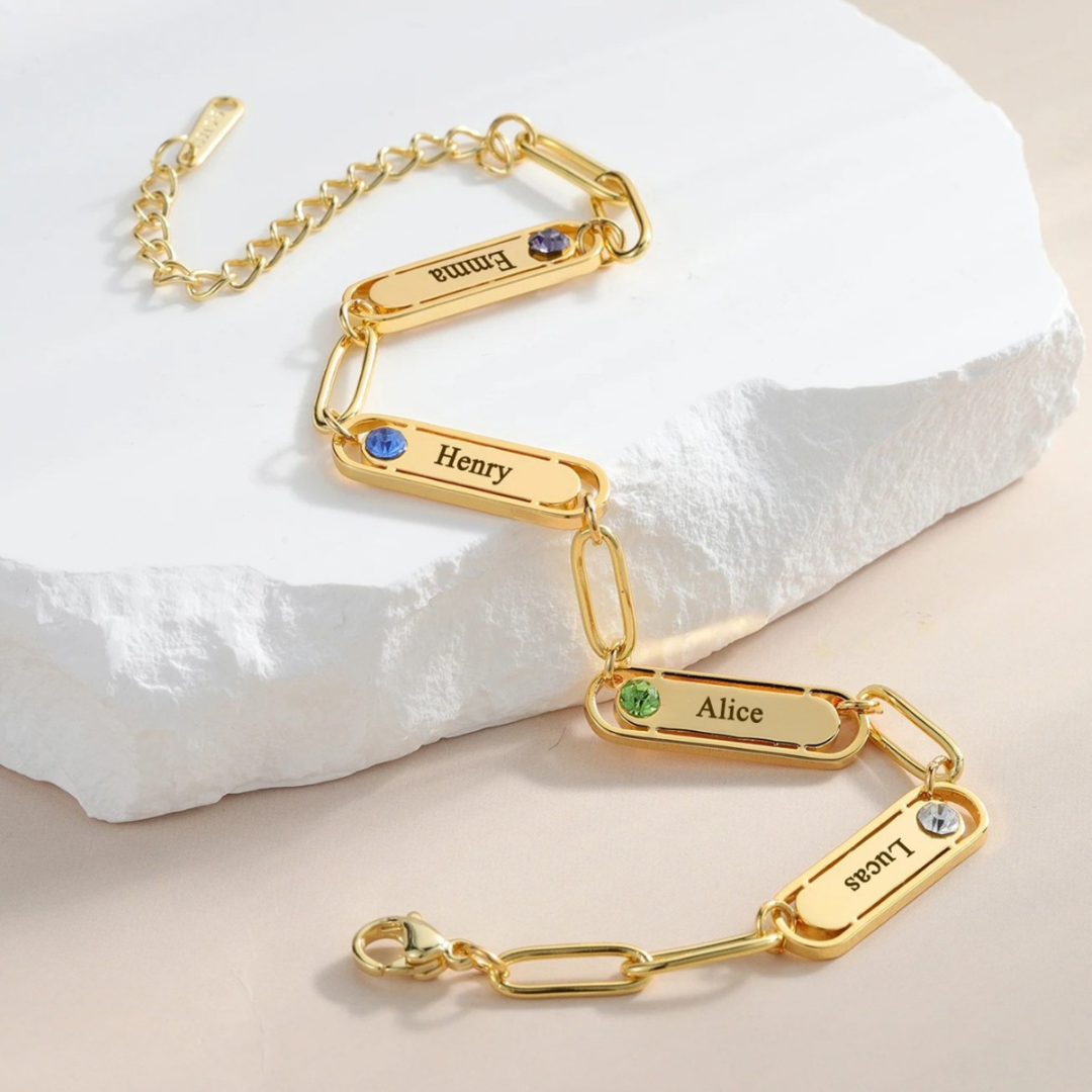 Paperclip Custom Name Bar Bracelet with Birthstone