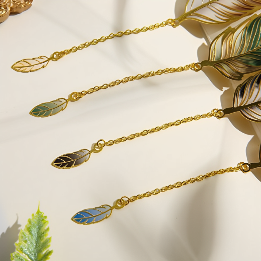 Leauni Vintage Feather Bronzing Metal Bookmark With Metal Chain Pendant Leauni