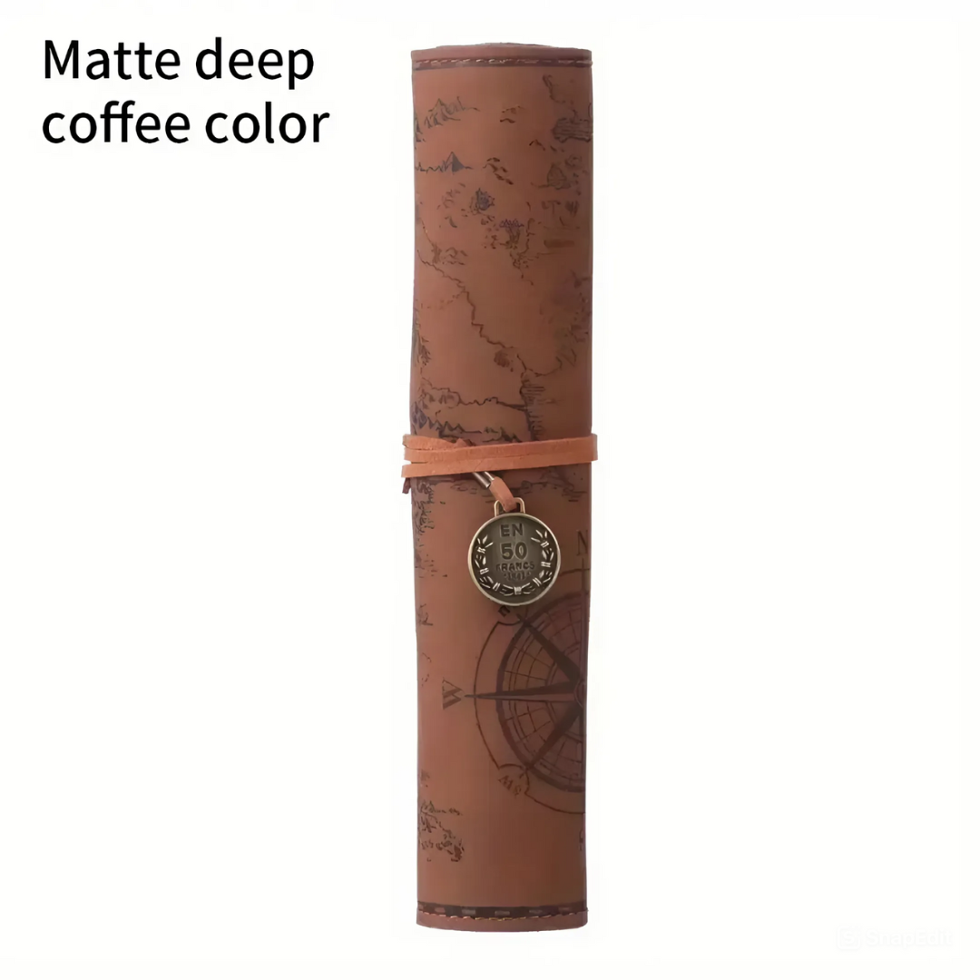 Leauni Treasure Map Roll-Up Pencil Pouch – Vintage-Style Pen and Pencil Holder Leauni