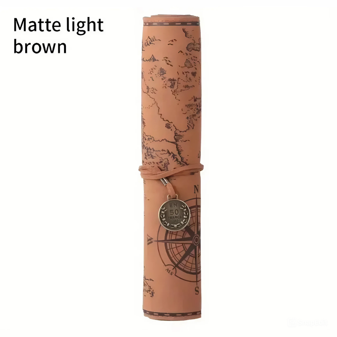 Leauni Treasure Map Roll-Up Pencil Pouch – Vintage-Style Pen and Pencil Holder Leauni