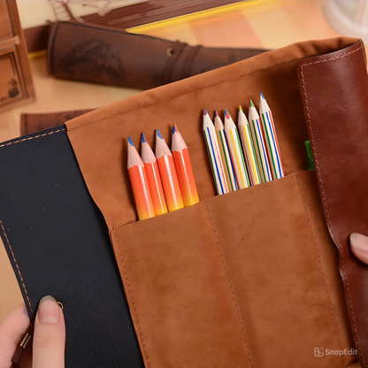 Leauni Treasure Map Roll-Up Pencil Pouch – Vintage-Style Pen and Pencil Holder Leauni