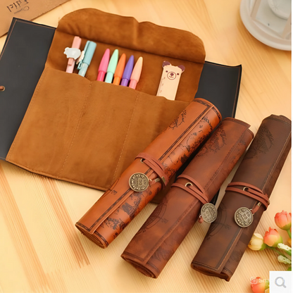 Leauni Treasure Map Roll-Up Pencil Pouch – Vintage-Style Pen and Pencil Holder Leauni