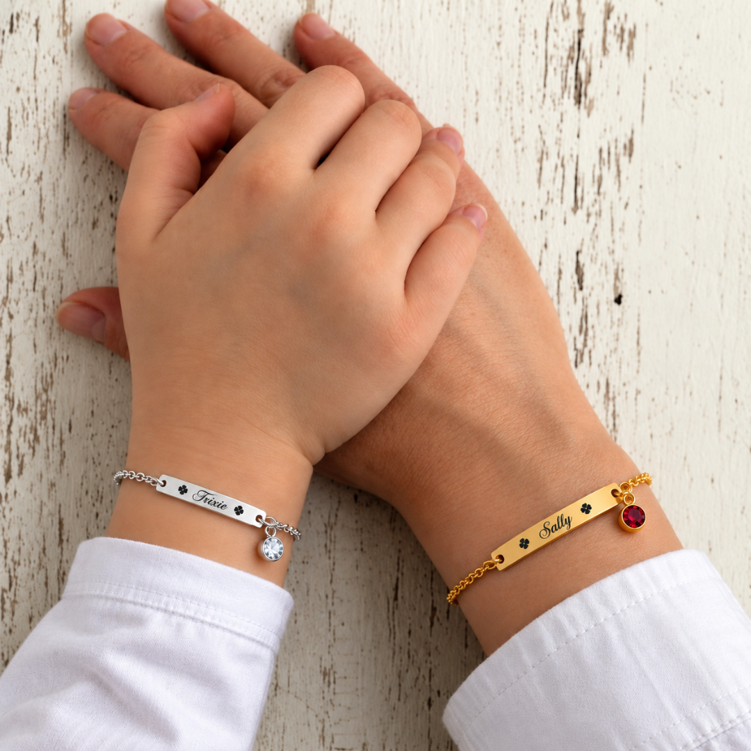 Personalized Mother Daughter Bracelet Set with Custom Name and Birthstone