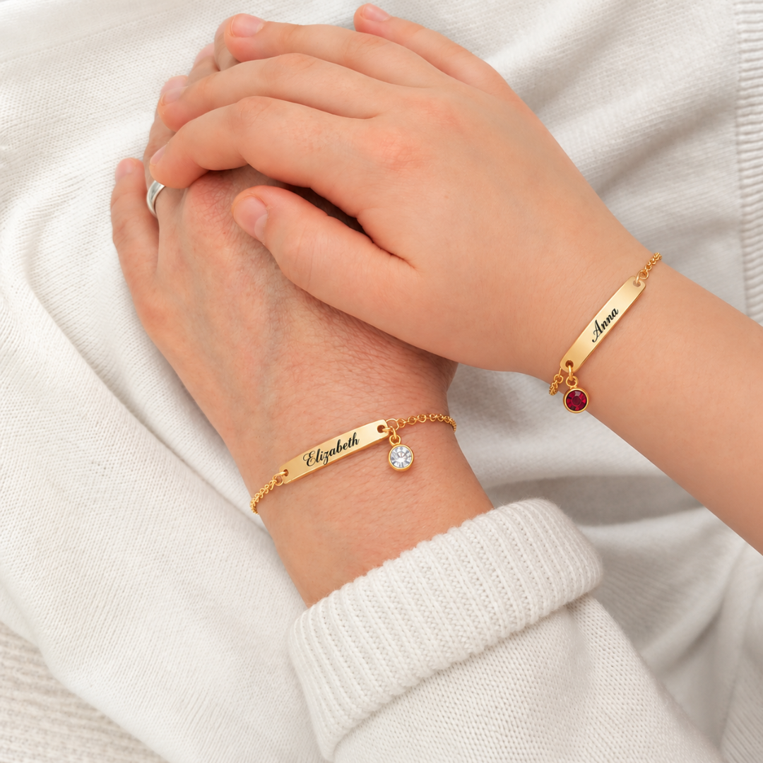 Personalized Mother Daughter Bracelet Set with Custom Name and Birthstone