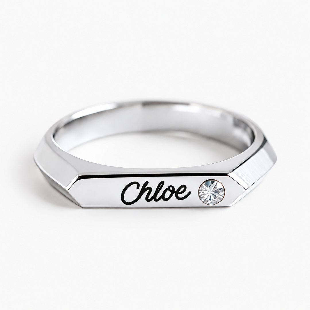 Signet Custom Birthstone Ring with Name Engraving