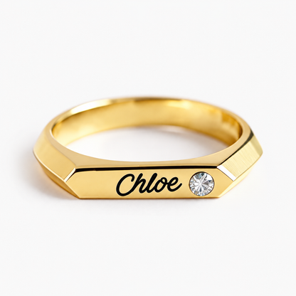 Signet Custom Birthstone Ring with Name Engraving