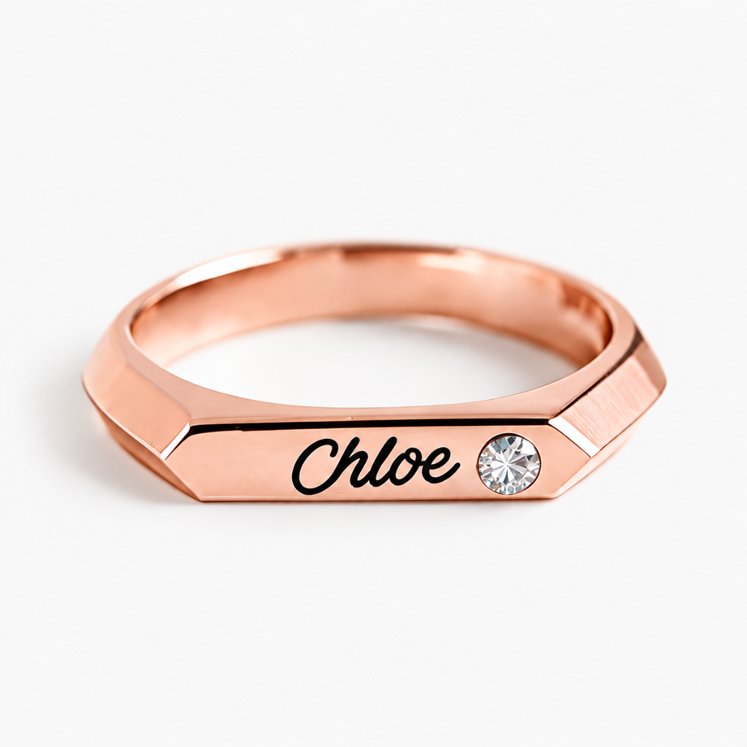 Signet Custom Birthstone Ring with Name Engraving