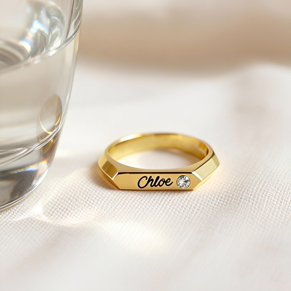 Signet Custom Birthstone Ring with Name Engraving