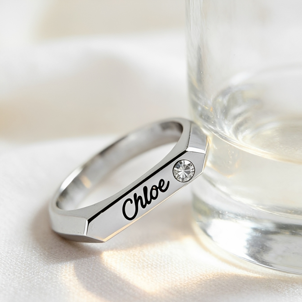 Signet Custom Birthstone Ring with Name Engraving