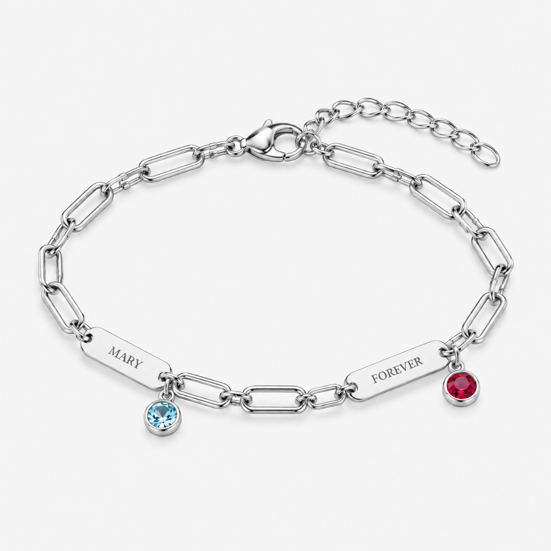 Custom Name Bar Bracelet Dainty Paperclip Chain with Birthstone