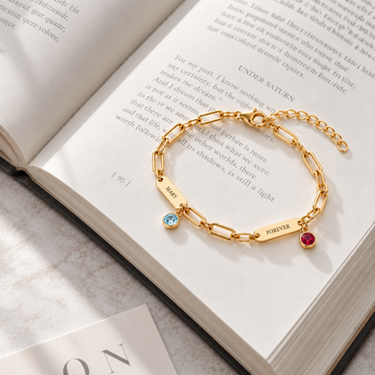 Custom Name Bar Bracelet Dainty Paperclip Chain with Birthstone