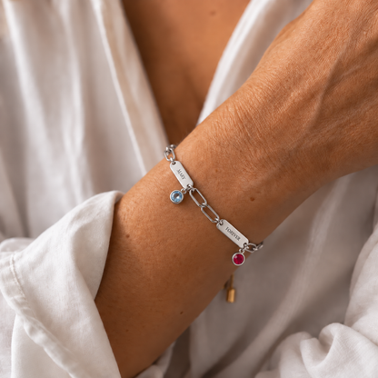 Custom Name Bar Bracelet Dainty Paperclip Chain with Birthstone
