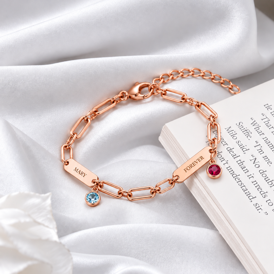 Custom Name Bar Bracelet Dainty Paperclip Chain with Birthstone