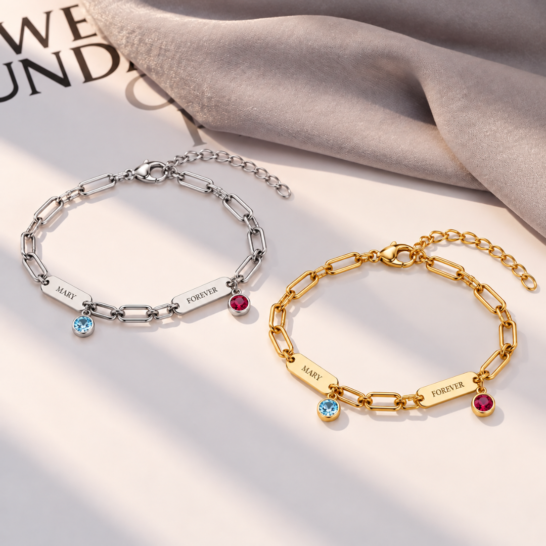 Custom Name Bar Bracelet Dainty Paperclip Chain with Birthstone