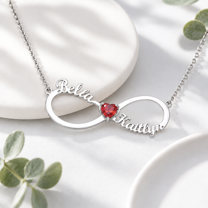 Infinity Personalized Name Necklace with Heart-cut Birthstone