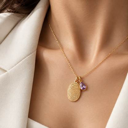 Personalized Fingerprint Birthstone Necklace Custom Memorial Gift