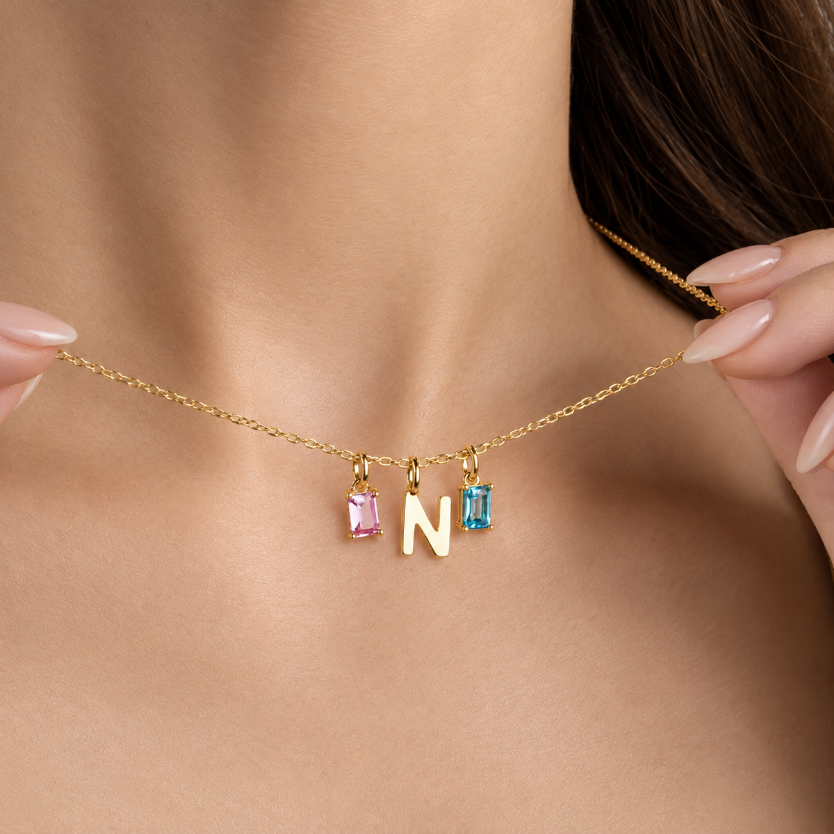 Personalized Initials Letter Necklace with Square-cut Birthstone