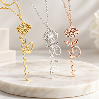 Personalized Name Necklace with Birth Flower