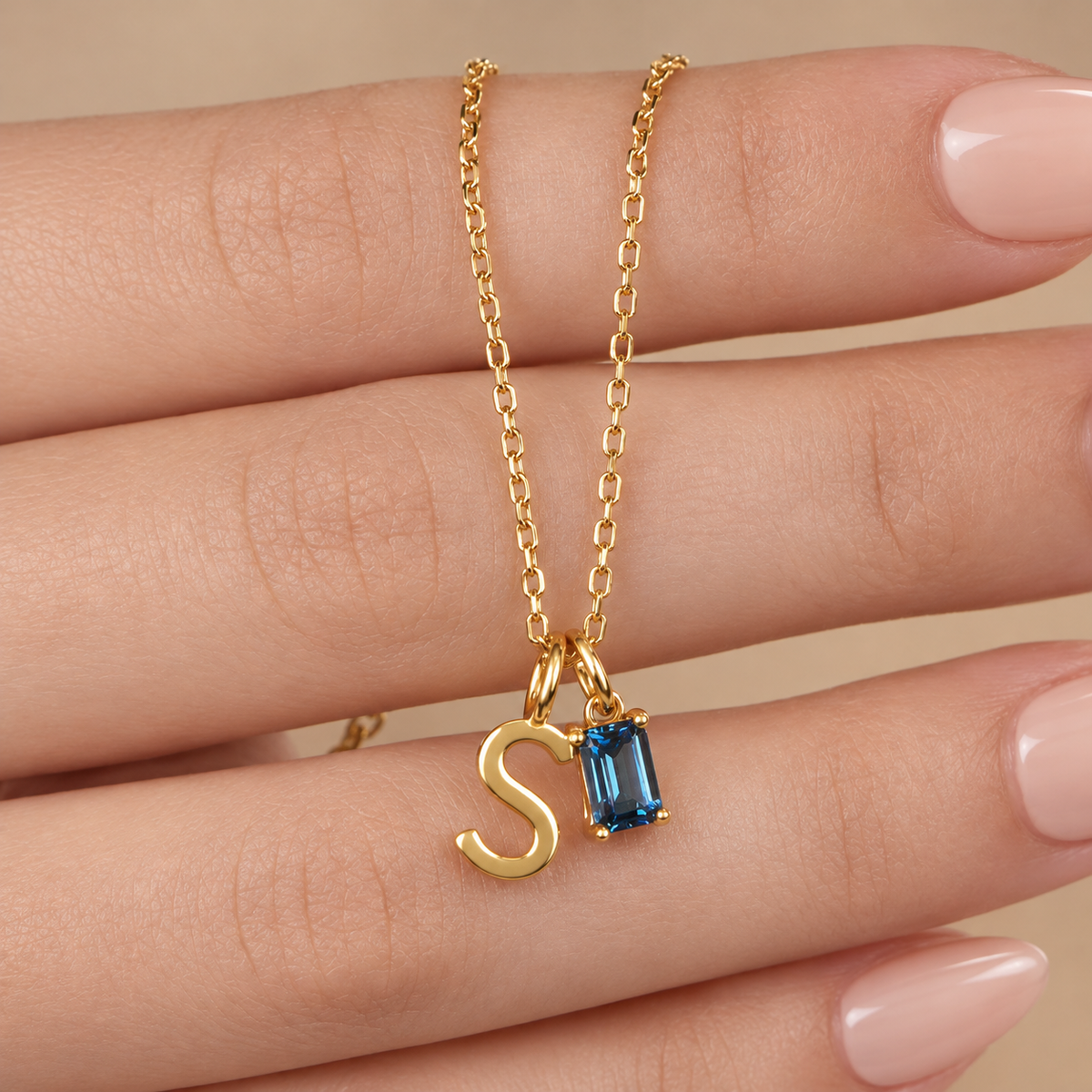 Personalized Initials Letter Necklace with Square-cut Birthstone