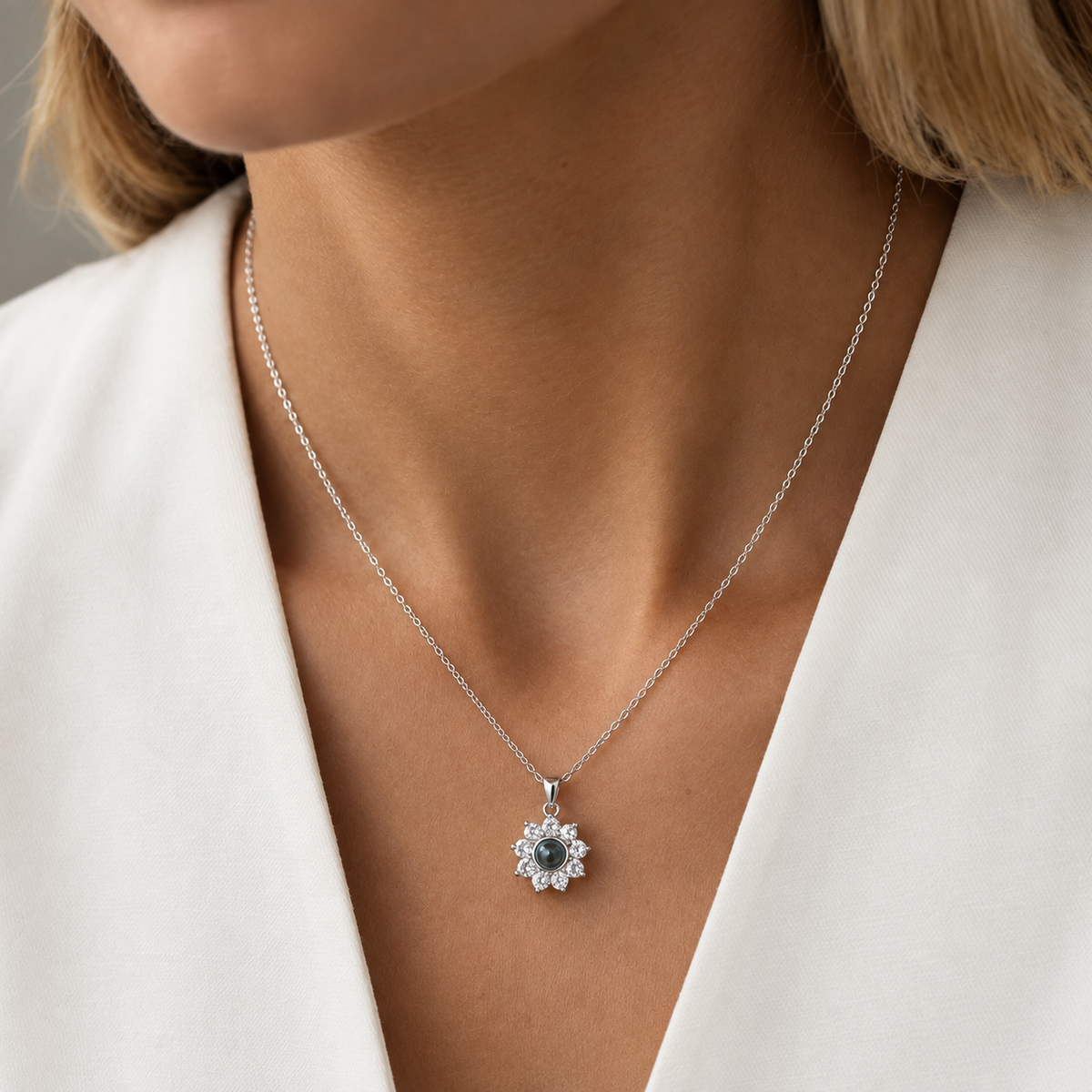 Personalized Photo Projection Necklace Sparkling Sunflower Custom Gift