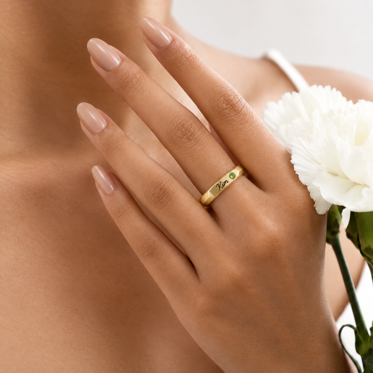 Signet Custom Birthstone Ring with Name Engraving