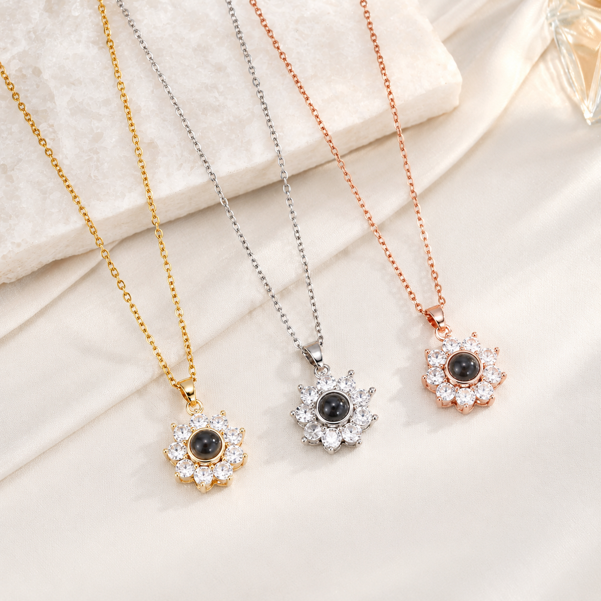 Personalized Photo Projection Necklace Sparkling Sunflower Custom Gift